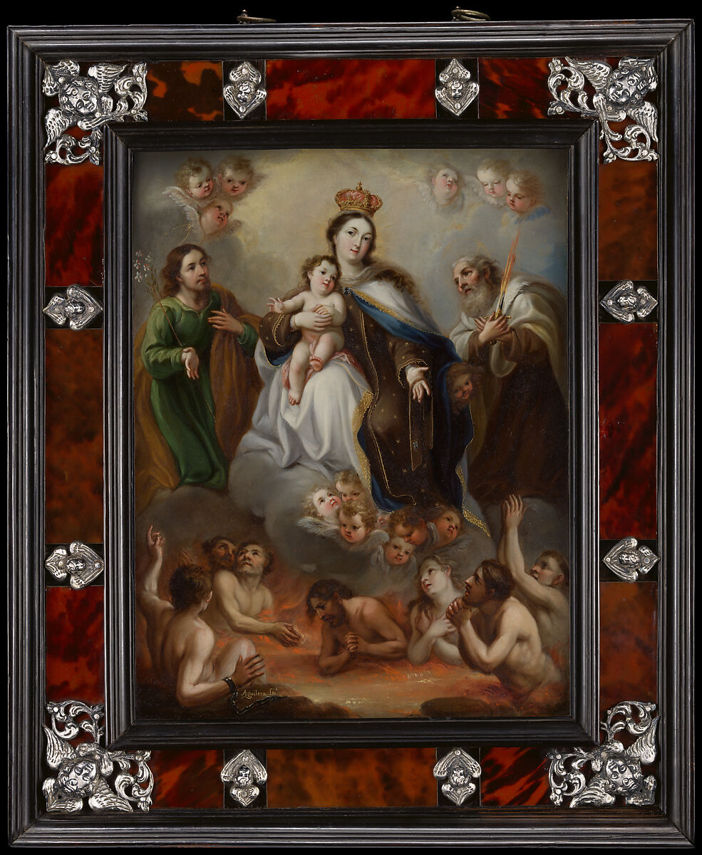 The Virgin of Carmen and the Souls of Purgatory with St. Joseph and the Prophet Elijah, Juan Francisco de Aguilera (active Mexico, first third 18th century), Oil and gold on copper; Frame: ebony, tortoise shell, and silver, Mexican