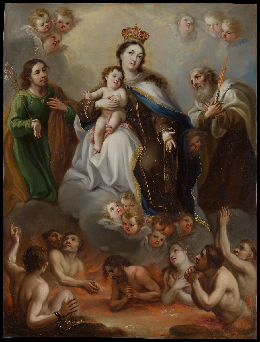 The Virgin of Carmen and the Souls of Purgatory with St. Joseph and the Prophet Elijah, Juan Francisco de Aguilera (active Mexico, first third 18th century), Oil and gold on copper; Frame: ebony, tortoise shell, and silver, Mexican 