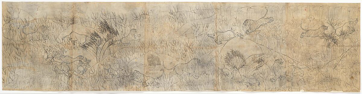 Tigers Hunting Boars and Deer, Ink on paper, Western India, Rajasthan, Kota 