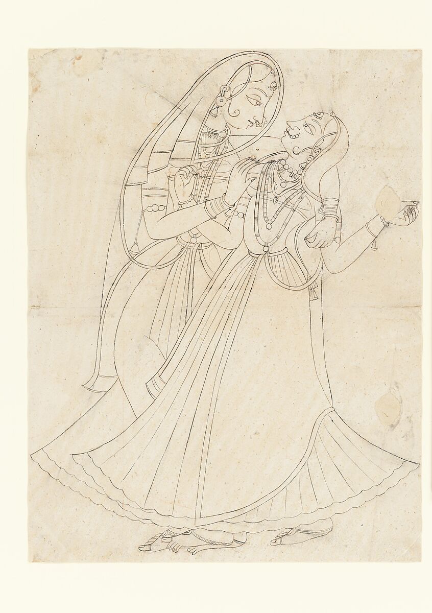 Krishna (dressed as a woman) Embracing Radha, Ink and light wash on paper, India (Rajasthan, Mewar) 
