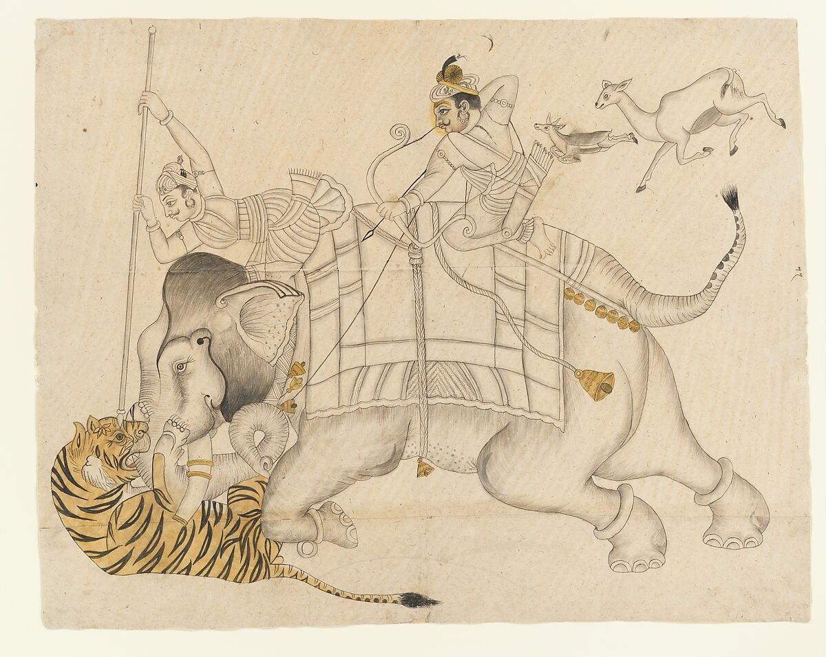 Maharao Shatru Sal II (1866–89) Hunting a Tiger, Ink, transparent and opaque watercolor on paper, India (Rajasthan, Kotah) 