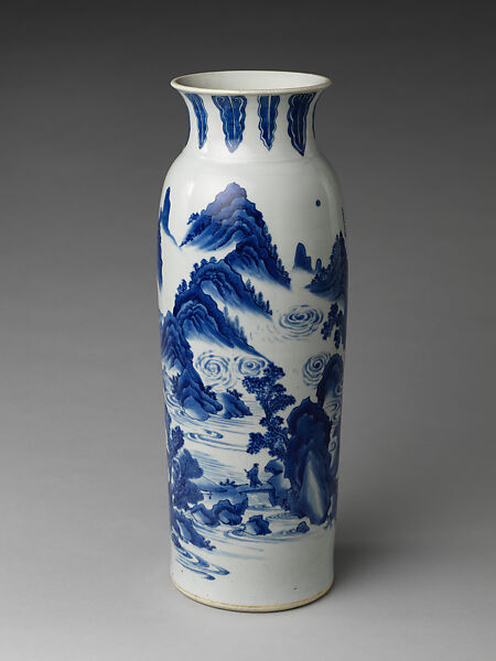 Vase with landscape and poem by Zhu Xi, Porcelain painted in underglaze cobalt blue (Jingdezhen ware), China