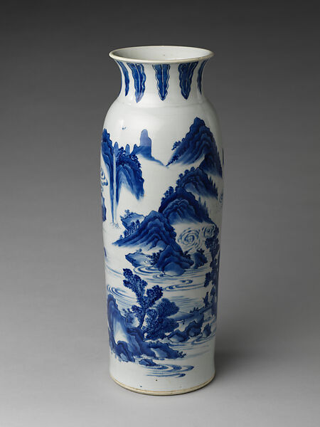 Vase with landscape and poem by Zhu Xi, Porcelain painted in underglaze cobalt blue (Jingdezhen ware), China