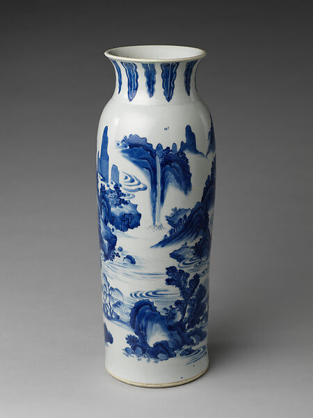Vase with landscape and poem by Zhu Xi, Porcelain painted in underglaze cobalt blue (Jingdezhen ware), China