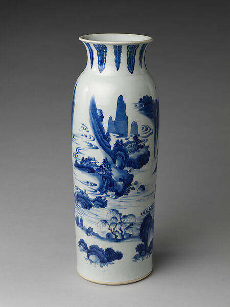 Vase with landscape and poem by Zhu Xi, Porcelain painted in underglaze cobalt blue (Jingdezhen ware), China