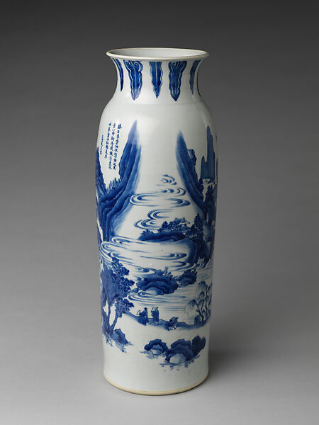 Vase with landscape and poem by Zhu Xi, Porcelain painted in underglaze cobalt blue (Jingdezhen ware), China