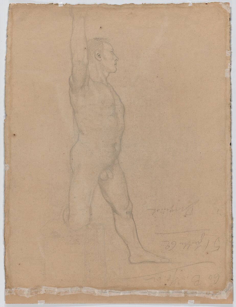 Academic Male Nude with Staff, Eugène Delacroix (French, Charenton-Saint-Maurice 1798–1863 Paris), Charcoal heightened with white chalk