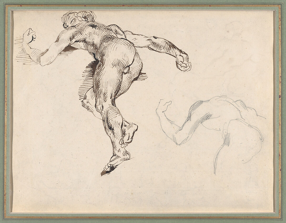 Two Studies of a Reclining Male Nude, after Gericault (recto); Figure Studies after Rubens's “Fall of the Damned” (verso), Eugène Delacroix (French, Charenton-Saint-Maurice 1798–1863 Paris), Graphite, pen and brown ink (recto); pen and brush and brown ink (verso)