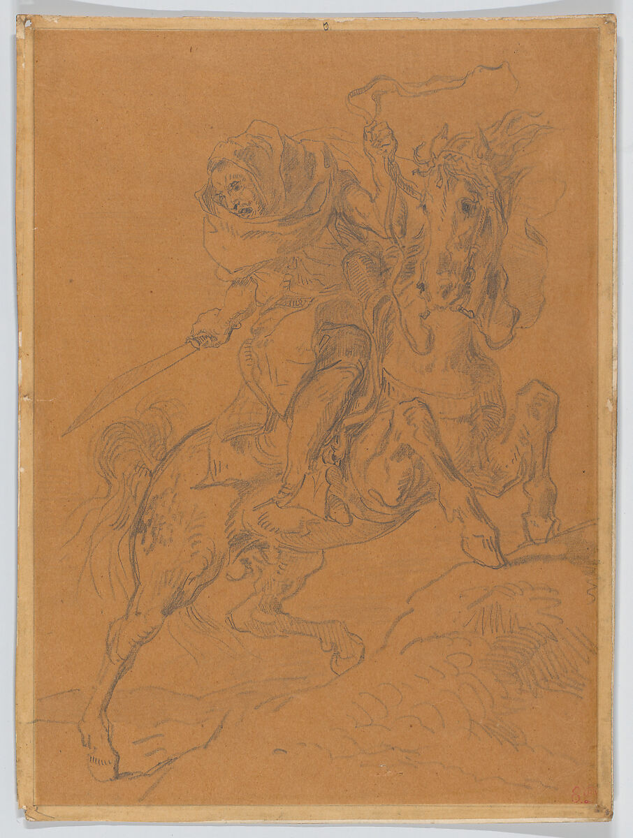 Arab Horseman, Eugène Delacroix (French, Charenton-Saint-Maurice 1798–1863 Paris), Graphite on tracing paper, laid down 