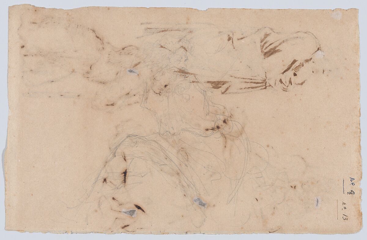 Figures from Raphael's Loggia (recto); Study of a Bearded Man (verso), Eugène Delacroix (French, Charenton-Saint-Maurice 1798–1863 Paris), Pen and iron gall ink (recto); graphite (verso)