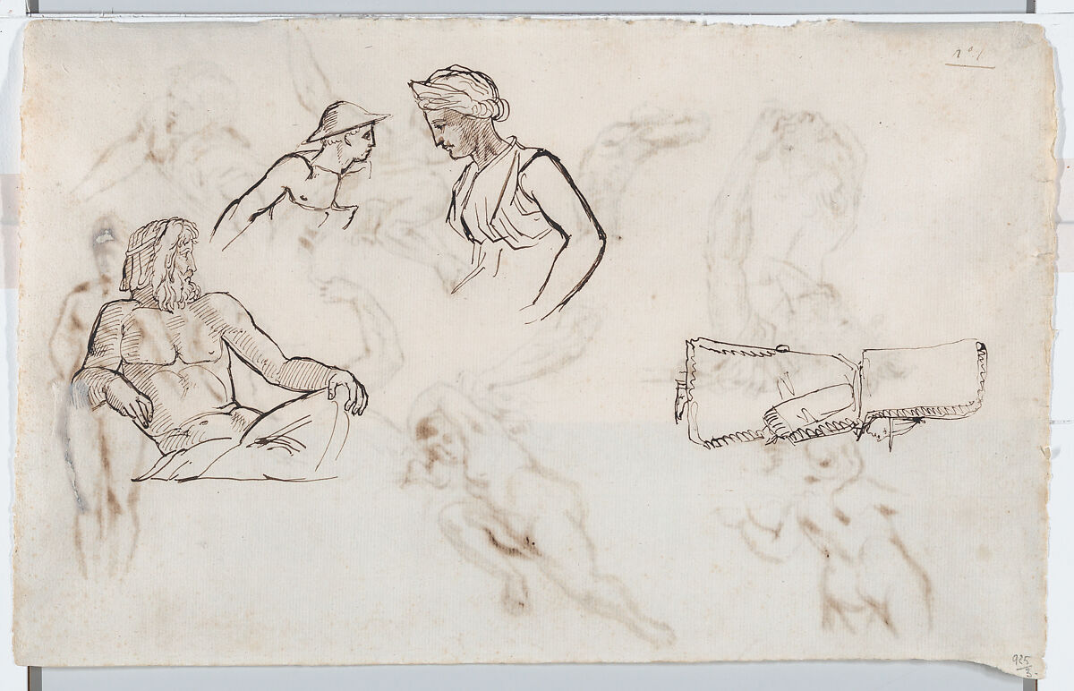 Eight Studies of Nude Figures (recto); Figure Studies from the Antique and a Caricature (verso), Eugène Delacroix (French, Charenton-Saint-Maurice 1798–1863 Paris), Pen and iron gall ink