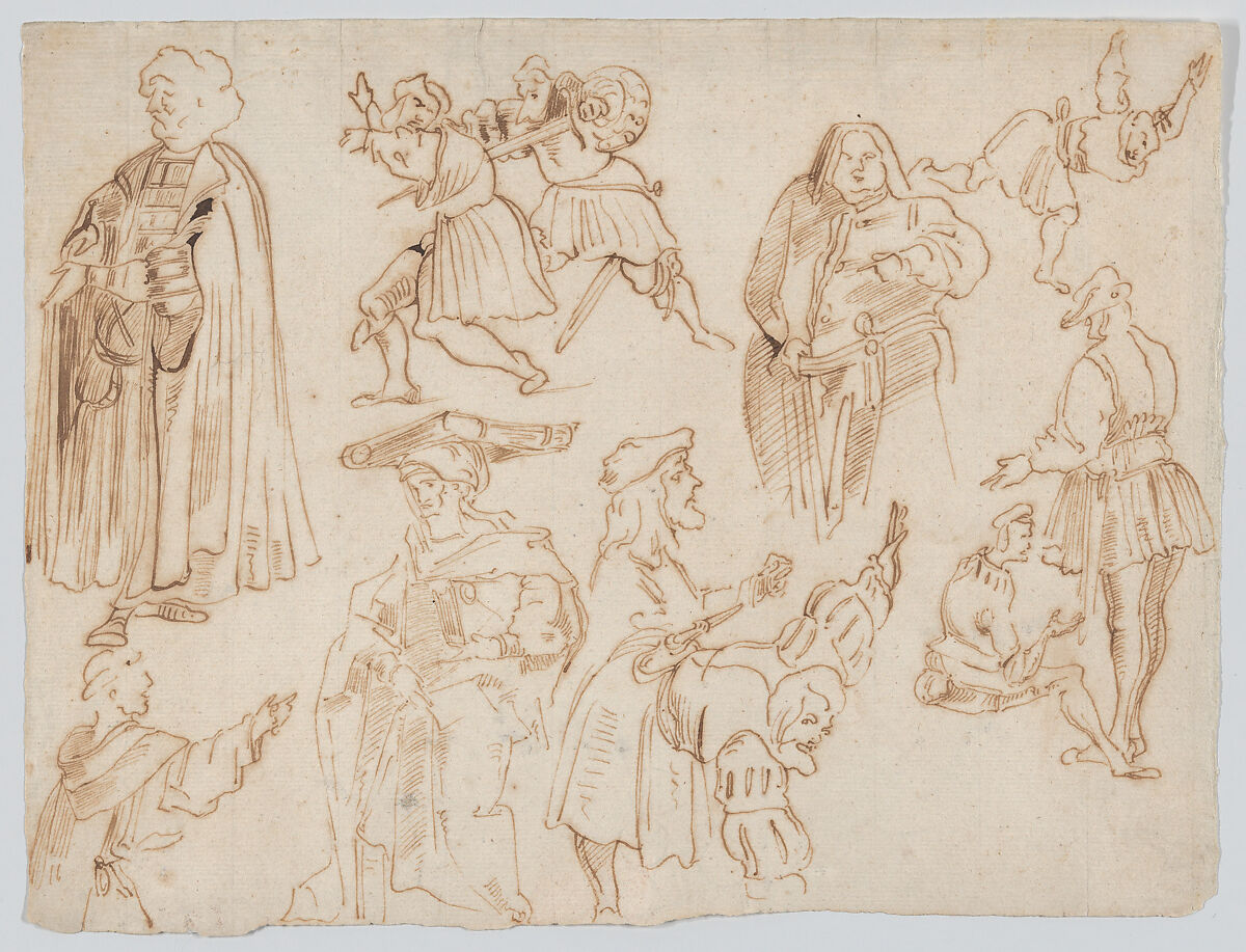 Eleven Figures in Medieval Dress with Two Figures Jousting, Eugène Delacroix (French, Charenton-Saint-Maurice 1798–1863 Paris), Pen and iron gall ink 