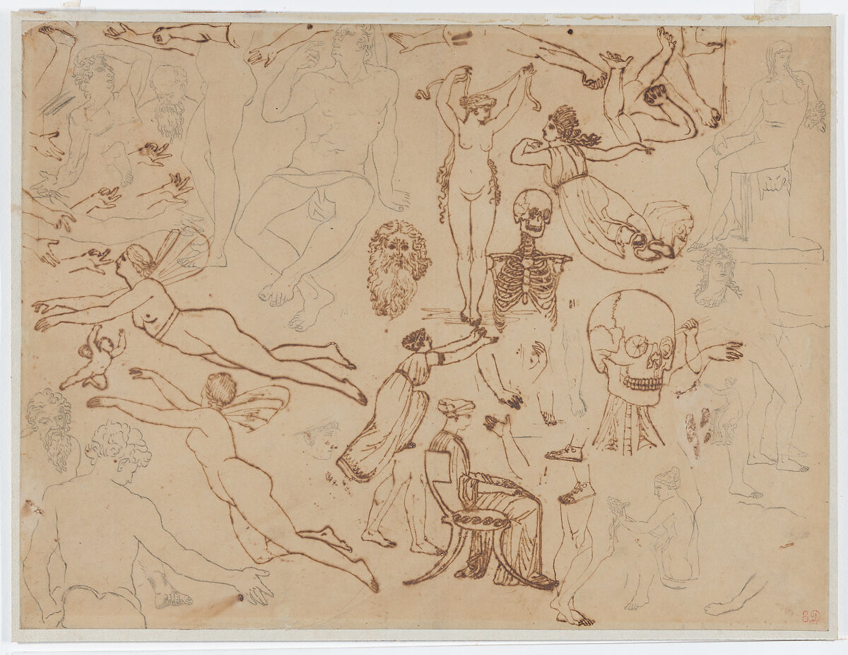 Figure Studies, after Flaxman, Eugène Delacroix (French, Charenton-Saint-Maurice 1798–1863 Paris), Graphite, pen and iron gall ink on tracing paper, laid down 