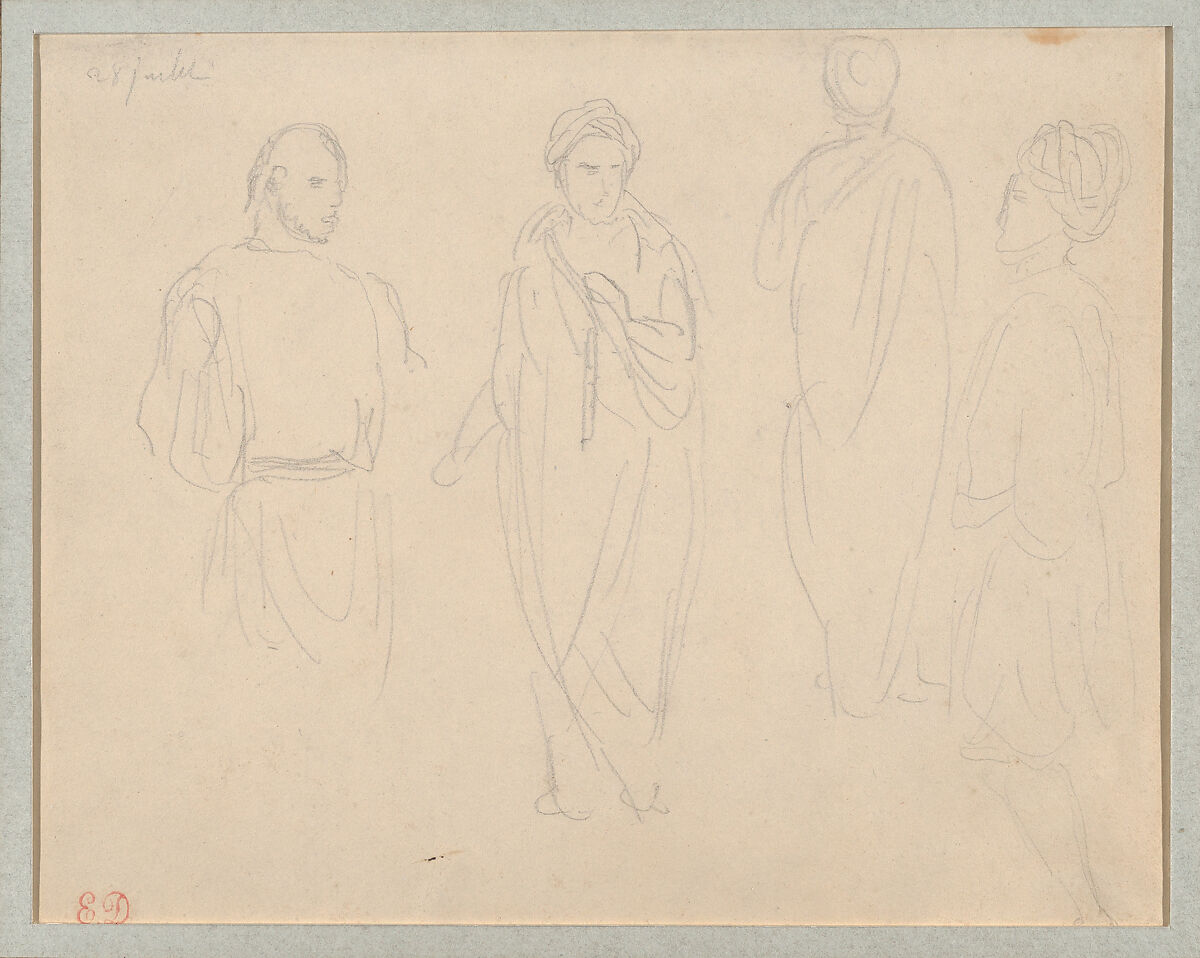 Four Studies of Figures Wearing Turbans, Eugène Delacroix (French, Charenton-Saint-Maurice 1798–1863 Paris), Graphite 