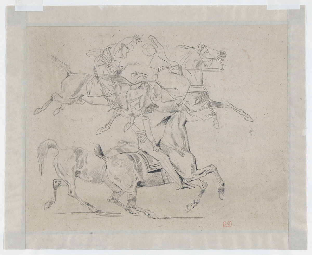 Four Studies of Horses (recto); Four Studies of Galloping Horses and Riders (verso), Eugène Delacroix (French, Charenton-Saint-Maurice 1798–1863 Paris), Pen and ink, brush and black wash, graphite (recto); graphite (verso)