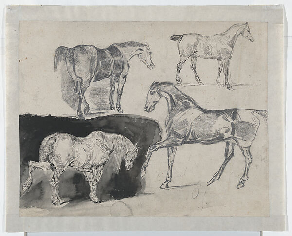 Four Studies of Horses (recto); Four Studies of Galloping Horses and Riders (verso), Eugène Delacroix (French, Charenton-Saint-Maurice 1798–1863 Paris), Pen and ink, brush and black wash, graphite (recto); graphite (verso) 