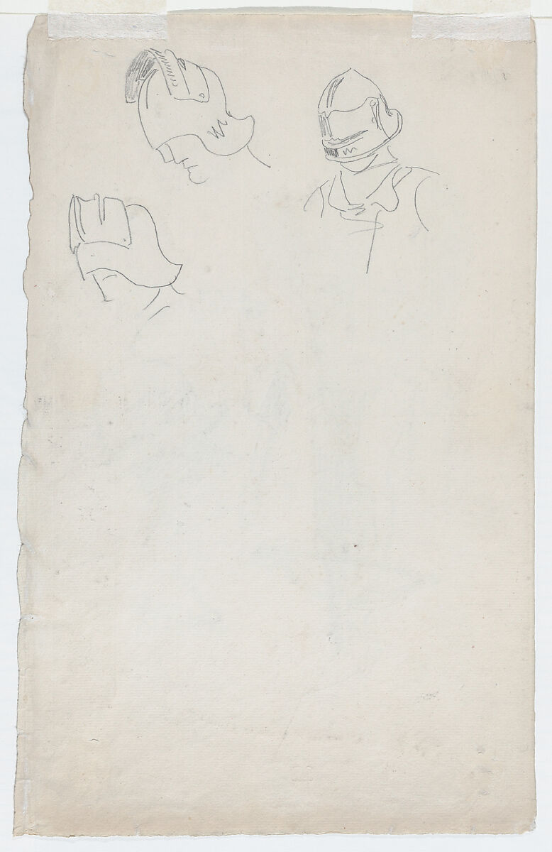 Study of Medieval Armor and a Crossbow (recto); Studies of a Medieval Helmet (verso), Eugène Delacroix (French, Charenton-Saint-Maurice 1798–1863 Paris), Graphite