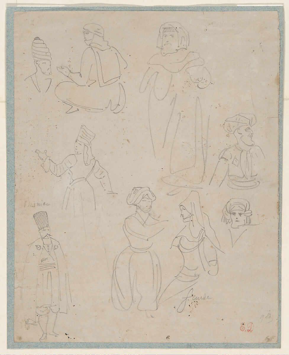 Nine Studies of Arab Men and Women, Eugène Delacroix (French, Charenton-Saint-Maurice 1798–1863 Paris), Graphite 