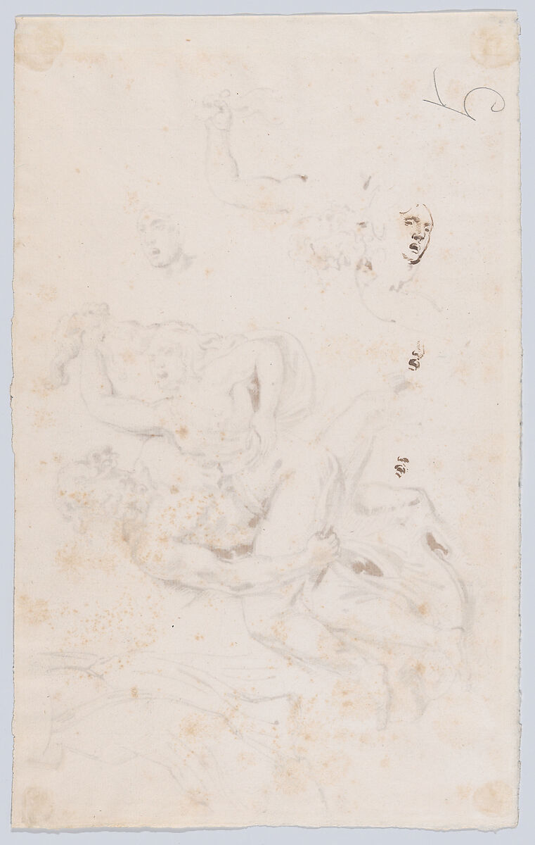 The Abduction of Theophane, after Bartoli (recto); Three Sketches of Theophane's Face (verso), Eugène Delacroix (French, Charenton-Saint-Maurice 1798–1863 Paris), Pen and brown ink