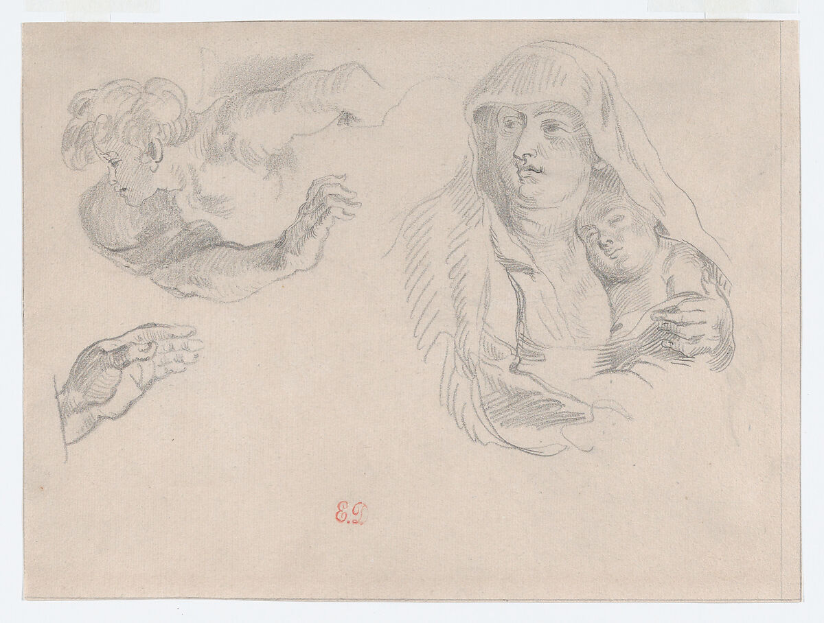Studies after Rubens’s “The Flight into Egypt”, Eugène Delacroix (French, Charenton-Saint-Maurice 1798–1863 Paris), Graphite on laid paper 