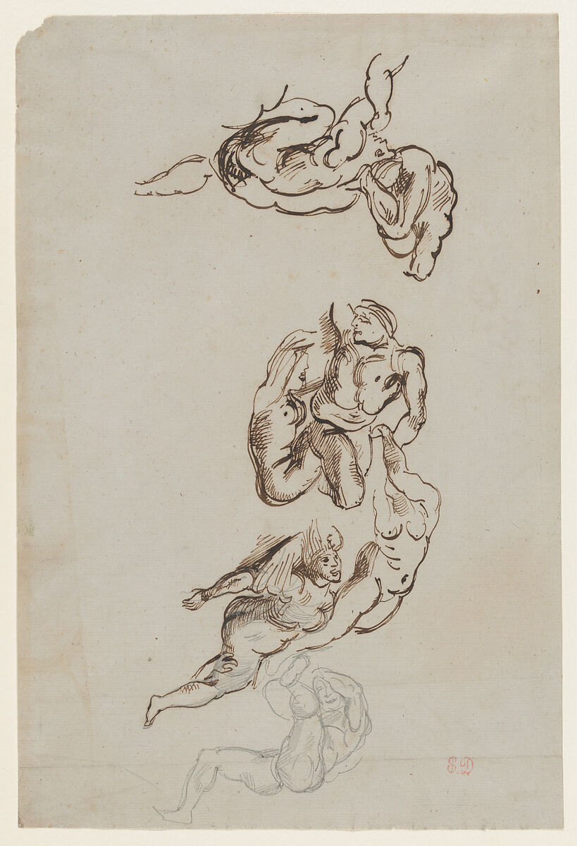 Figure Studies after Rubens's "The Fall of the Rebel Angels", Eugène Delacroix (French, Charenton-Saint-Maurice 1798–1863 Paris), Pen and iron gall ink, graphite 