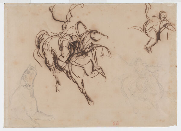 Studies of a Horse and Rider for "Heliodorus Driven from the Temple", Eugène Delacroix (French, Charenton-Saint-Maurice 1798–1863 Paris), Pen and iron gall ink, graphite 