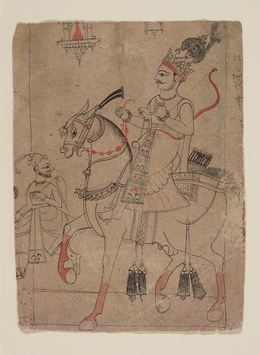 Nobleman on Horseback, Ink and opaque watercolor on paper, India (Rajasthan, Sawar) 