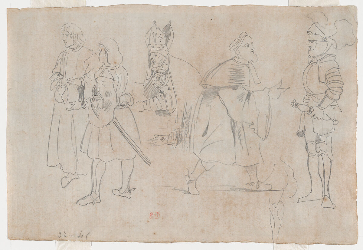Figures in Medieval Dress including a Bishop (recto); Figures in a Landscape (verso), Eugène Delacroix (French, Charenton-Saint-Maurice 1798–1863 Paris), Graphite (recto); brush and brown and blue wash over graphite (verso) 