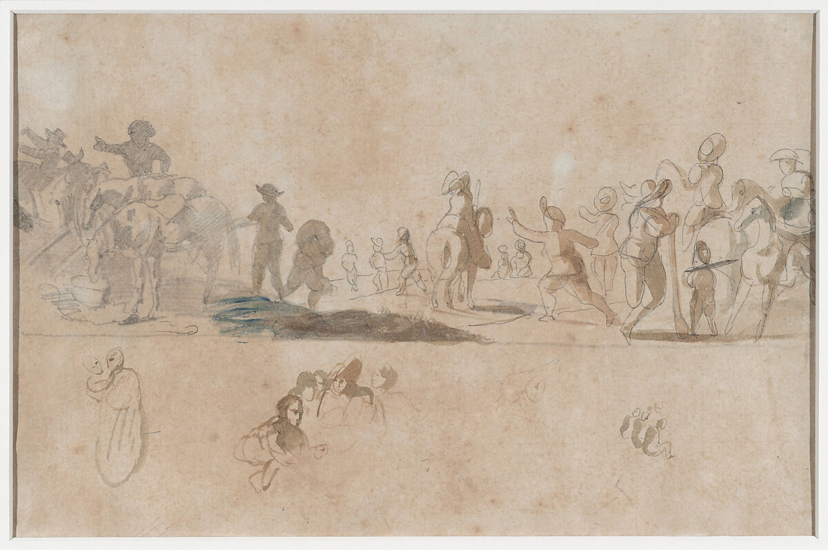 Figures in Medieval Dress including a Bishop (recto); Figures in a Landscape (verso), Eugène Delacroix (French, Charenton-Saint-Maurice 1798–1863 Paris), Graphite (recto); brush and brown and blue wash over graphite (verso)