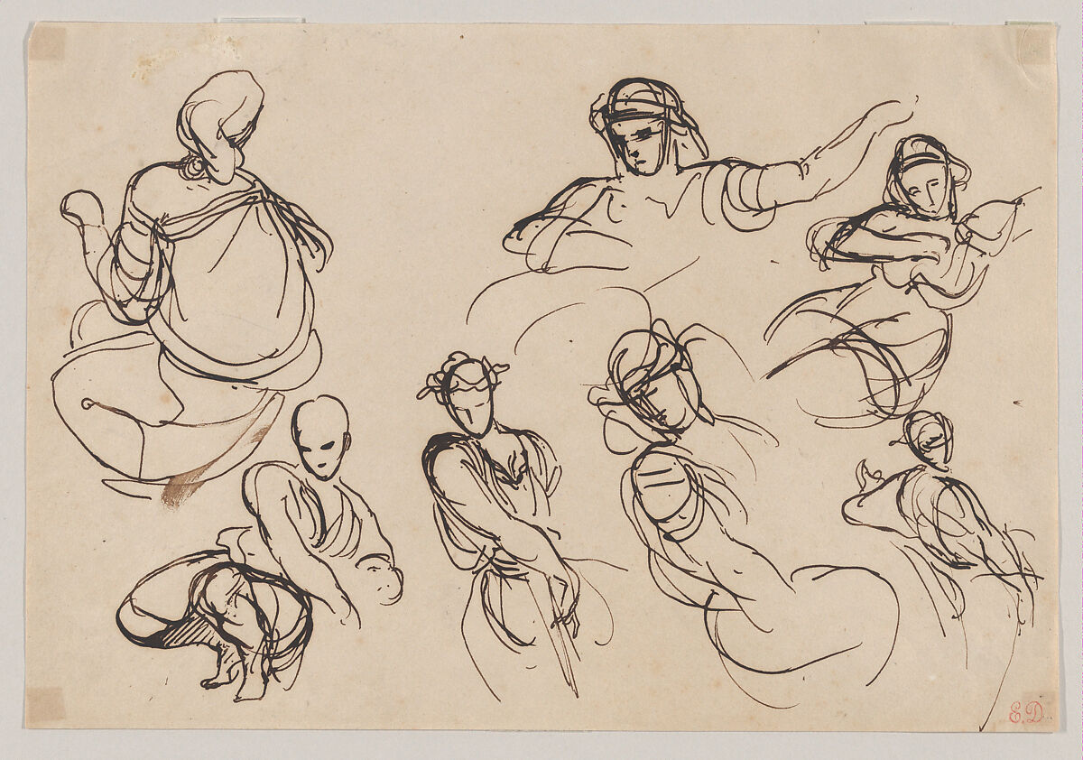 Figures Studies for the Salon du Roi, Palais Bourbon, Eugène Delacroix (French, Charenton-Saint-Maurice 1798–1863 Paris), Pen and iron gall ink 