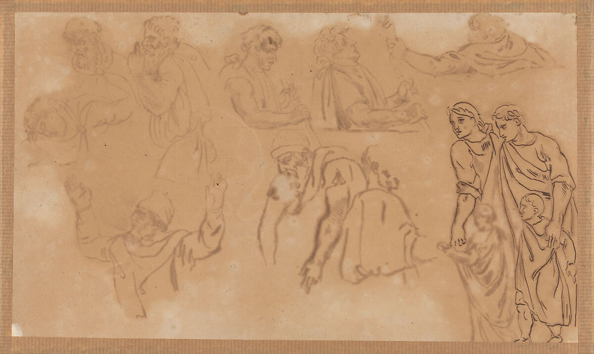Study of Thirteen Figures from the Antique (recto); Study of a Family, traced from the recto (verso), Eugène Delacroix (French, Charenton-Saint-Maurice 1798–1863 Paris), Pen and iron gall ink
