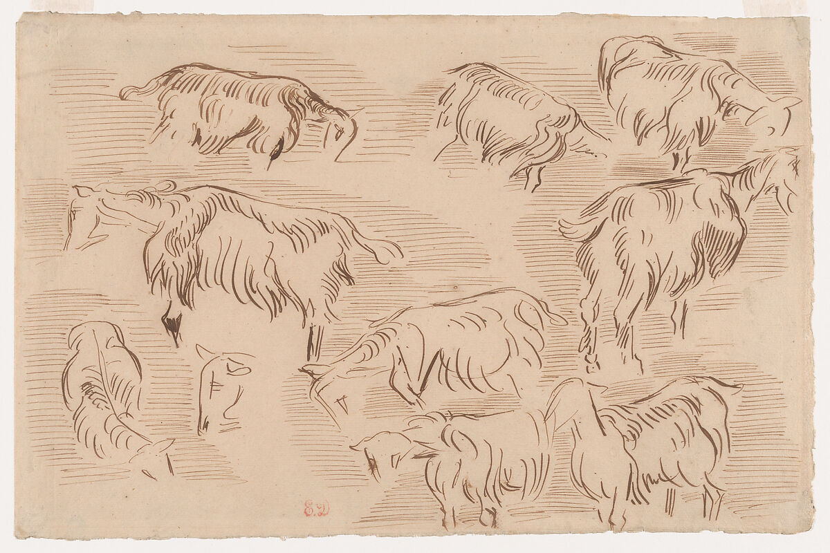 Ten Studies of Goats, Eugène Delacroix (French, Charenton-Saint-Maurice 1798–1863 Paris), Pen and brown ink on laid paper 
