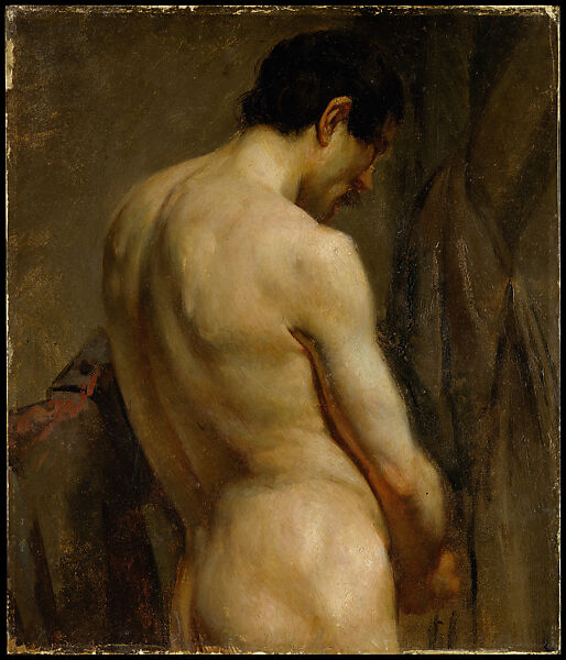 Male Academy Figure: Half-Length, Side View, Eugène Delacroix (French, Charenton-Saint-Maurice 1798–1863 Paris), Oil on paper laid down on panel (formerly canvas) 