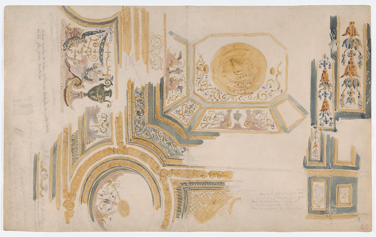 Study of a Ceiling Decoration, the Bedroom of the Apartment of the Queen Mother at Fontainebleau, Eugène Delacroix (French, Charenton-Saint-Maurice 1798–1863 Paris), Watercolor over graphite 