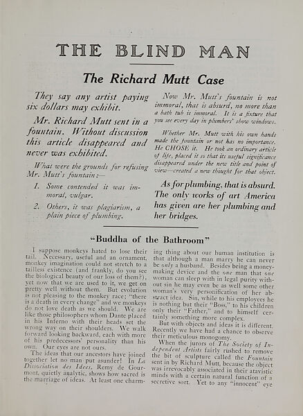 The blind man, Marcel Duchamp (American (born France), Blanville 1887–1968 Neuilly-sur-Seine)