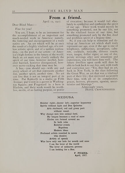 The blind man, Marcel Duchamp (American (born France), Blanville 1887–1968 Neuilly-sur-Seine)
