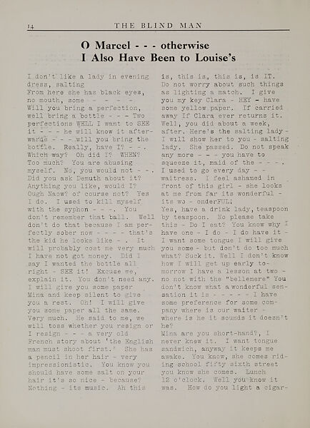 The blind man, Marcel Duchamp (American (born France), Blanville 1887–1968 Neuilly-sur-Seine)