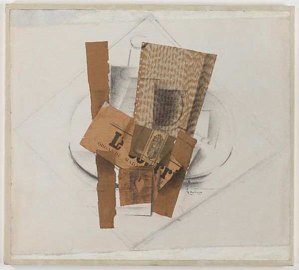 Still Life: Playing Card, Bottle, Newspaper, and Tobacco Packet (Le Courrier), Georges Braque (French, Argenteuil 1882–1963 Paris), Cut-and-pasted printed newspaper, printed wallpaper, printed packing, charcoal, graphite, black ink, and white opaque watercolor on laid paper 