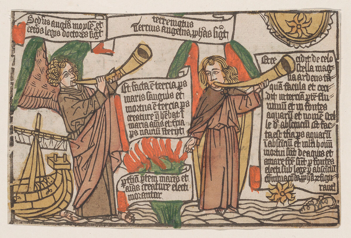 The Mountain and the Star Fall into the Sea, from the "Apocalypsis Sancti Johannis" block book, fourth edition, Anonymous, German, 15th century, Woodcut, hand-colored 