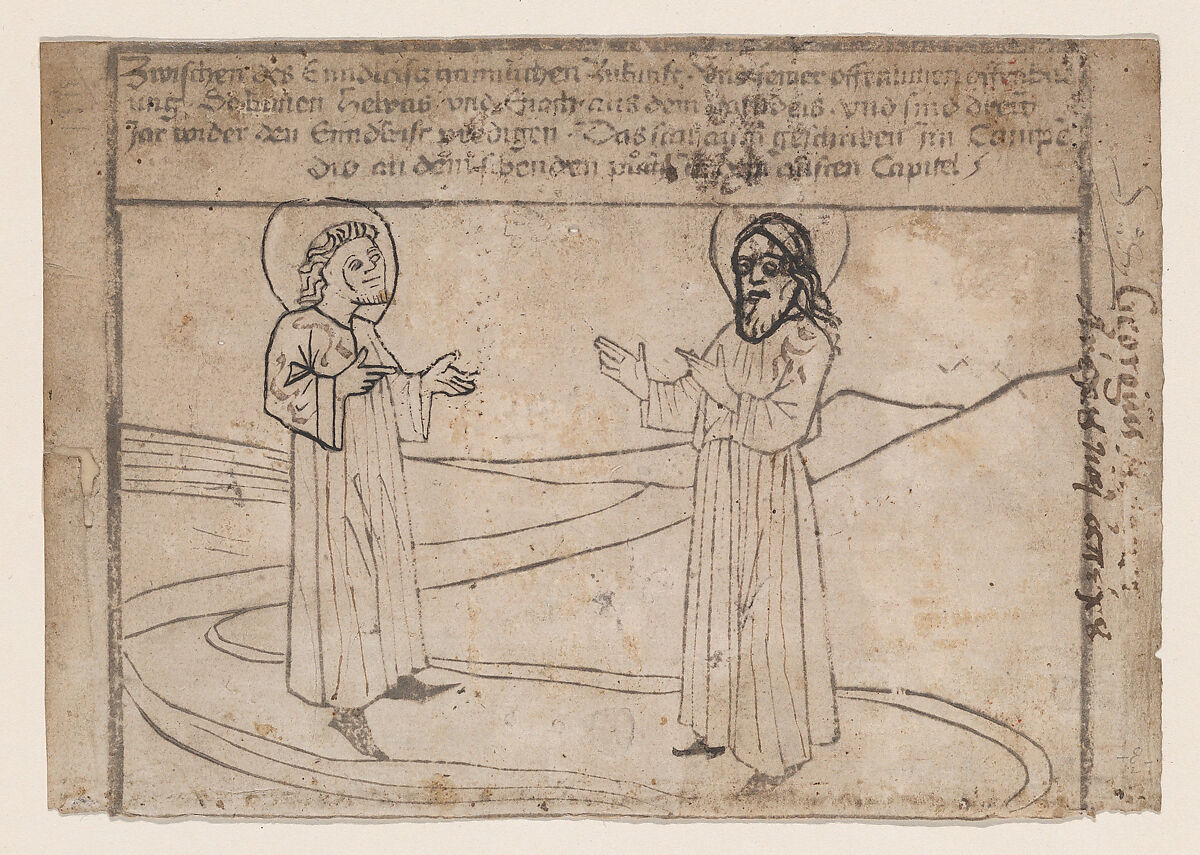 Elias and Enoch Descend from Heaven, from a "Quindecim signa extremi judicii diem praecedentia" (Antichrist and the Fifteen Signs) blockbook, first edition, Anonymous, German, 15th century, Woodcut printed in brown; retouched by hand in dark brown ink 