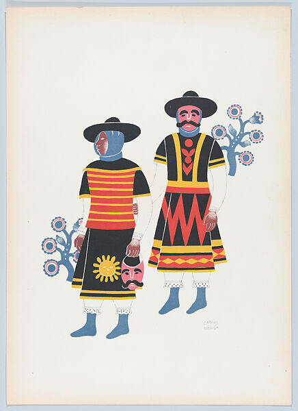 Two men from Huixquilucan at the fiesta of the Huehuenches, from the portfolio 'Carnival in Mexico', Carlos Mérida (Guatemalan, Guatemala City 1891–1984 Mexico City), Colour lithograph 