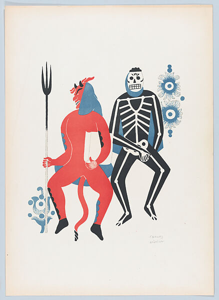Two dancing men in costume from Huixquilucan at the fiesta of the Huehuenches, from the portfolio  'Carnival in Mexico', Carlos Mérida (Guatemalan, Guatemala City 1891–1984 Mexico City), Colour lithograph 