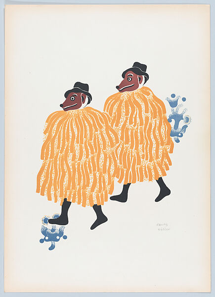 Two men in costume and wearing masks from Huixquilucan at the fiesta of the Huehuenches, from the portfolio  'Carnival in Mexico', Carlos Mérida (Guatemalan, Guatemala City 1891–1984 Mexico City), Colour lithograph 