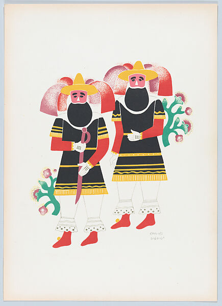 Two men from Huejotzingo, from the portfolio  'Carnival in Mexico', Carlos Mérida (Guatemalan, Guatemala City 1891–1984 Mexico City), Colour lithograph 