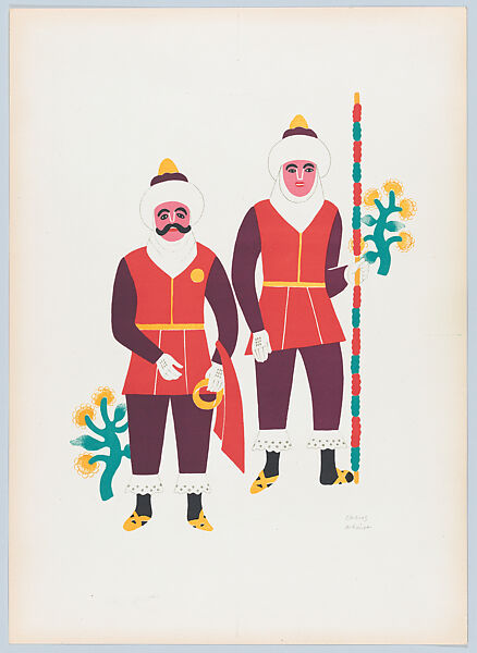 Two men from Ocotoxco dressed as moors, from the portfolio 'Carnival in Mexico', Carlos Mérida (Guatemalan, Guatemala City 1891–1984 Mexico City), Colour lithograph 