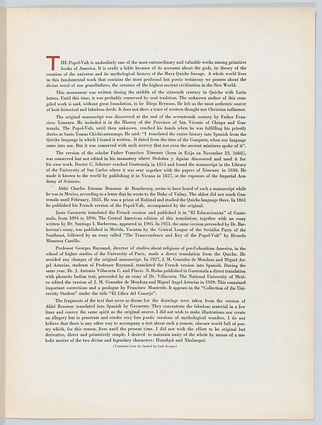 Portfolio: 'Popol-Vuh' containing ten colour lithographs together with a four-page title and explanatory text in English and Spanish, housed in a stiff orange cover, Carlos Mérida (Guatemalan, Guatemala City 1891–1984 Mexico City)