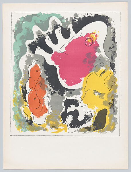 Plate 6: composition of hybrid human and animal forms, two figures lower left, from the 'Popol-Vuh', Carlos Mérida (Guatemalan, Guatemala City 1891–1984 Mexico City), Colour lithograph 