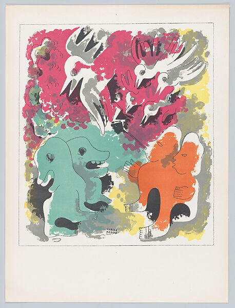 Plate 7: composition of hybrid human and animal forms, two figures lower right, from the 'Popol-Vuh', Carlos Mérida (Guatemalan, Guatemala City 1891–1984 Mexico City), Colour lithograph 