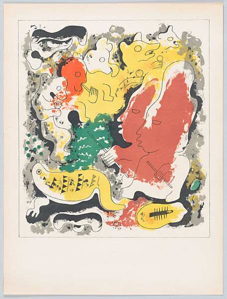 Plate 8: composition of hybrid human and animal forms, two large figures at right, from the 'Popol-Vuh', Carlos Mérida (Guatemalan, Guatemala City 1891–1984 Mexico City), Colour lithograph 