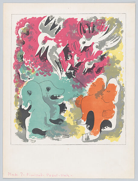 Plate 7: composition of hybrid human and animal forms, two figures lower right, from the 'Popul-Vuh', Carlos Mérida (Guatemalan, Guatemala City 1891–1984 Mexico City), Colour lithograph 
